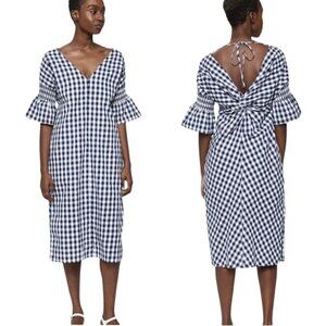Stelen Harlow Gingham Midi Dress Women's XS Navy White Puff Sleeve Preppy Party